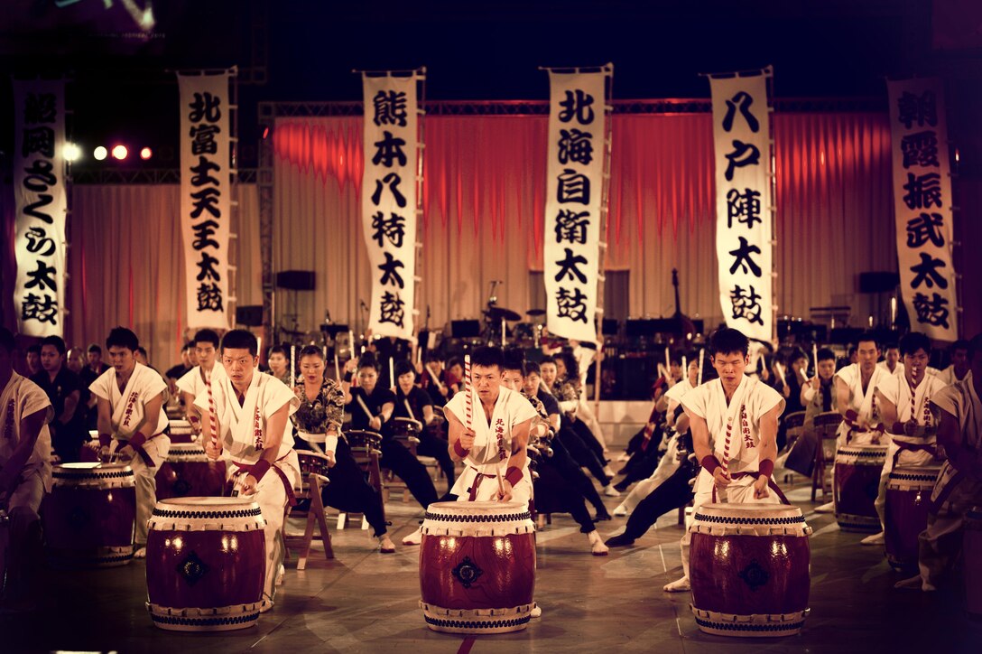 The Japan Self-Defense Force drum team performs during the Japan Self-Defense Force Marching Festival at the Nippon Budokan Arena in Tokyo, Nov. 13, 2015. The show featured performances by more than 1,000 musicians from various marching bands and drill teams throughout each branch of the JSDF as well as U.S. Army, Navy, Marine Corps, and Air Force bands. (U.S. Air Force photo/Airman 1st Class Delano Scott)
