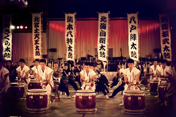 The Japan Self-Defense Force drum team performs during the Japan Self-Defense Force Marching Festival at the Nippon Budokan Arena in Tokyo, Nov. 13, 2015. The show featured performances by more than 1,000 musicians from various marching bands and drill teams throughout each branch of the JSDF as well as U.S. Army, Navy, Marine Corps, and Air Force bands. (U.S. Air Force photo/Airman 1st Class Delano Scott)