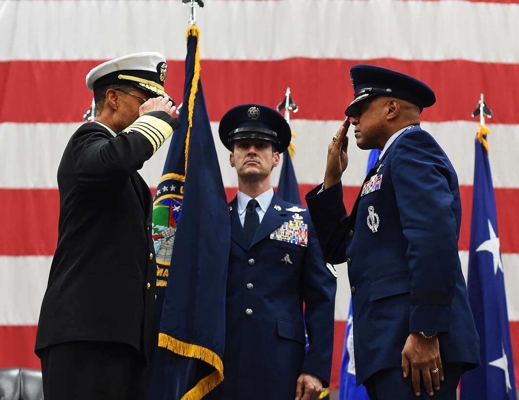 Adm. Cecil D. Haney, U.S. Strategic Command commander, exchanges a salute with Maj. Gen. Anthony J. Cotton as Cotton takes command of the task force during a ceremony on F.E. Warren Air Force Base, Wyo., Nov. 16, 2015. Cotton also took command of 20th Air Force from Gen. Robin Rand, Air Force Global Strike Command commander, during the same ceremony. The task force provides the President of the United States with responsive and highly reliable strategic missile forces, and supports USSTRATCOM's strategic deterrence mission by operating and maintaining the Air Force's Intercontinental Ballistic Missile force. USSTRATCOM, one of nine DoD unified combatant commands, relies on various task forces for the execution of its global missions, which also include space operations; cyberspace operations; joint electronic warfare; global strike; missile defense; intelligence, surveillance and reconnaissance; combating weapons of mass destruction; and analysis and targeting. (U.S. Air Force photo by R.J. Oriez/Released)