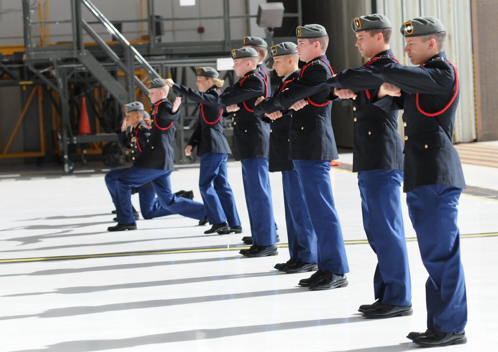 Army Junior ROTC cadets from Brandon High School, Brandon, Miss., perform a routine in the unarmed exhibition during the second annual Mississippi All-Services Junior ROTC Drill Competition Nov. 14, 2015, at Keesler Air Force Base, Miss. Seventeen Junior ROTC teams from all military branches were represented at the event. Approximately 800 Junior ROTC cadets and spectators were in attendance where cadets battled for the best all-services Junior ROTC team for Mississippi. (U.S. Air Force photo by Kemberly Groue)