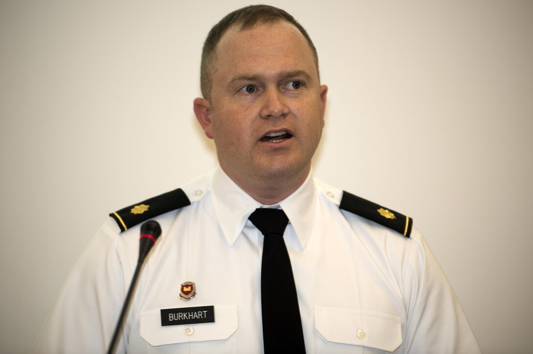 Maj. Christopher Burkhart, Nashville District deputy commander, speaks during a ceremony for the new “Tennessee Post Disaster Guide.” The major thanked TEMA and its leadership for its part in coordinating with the many agencies and organizations in Silver Jackets that partnered to make the Tennessee Post Disaster Guide a reality.