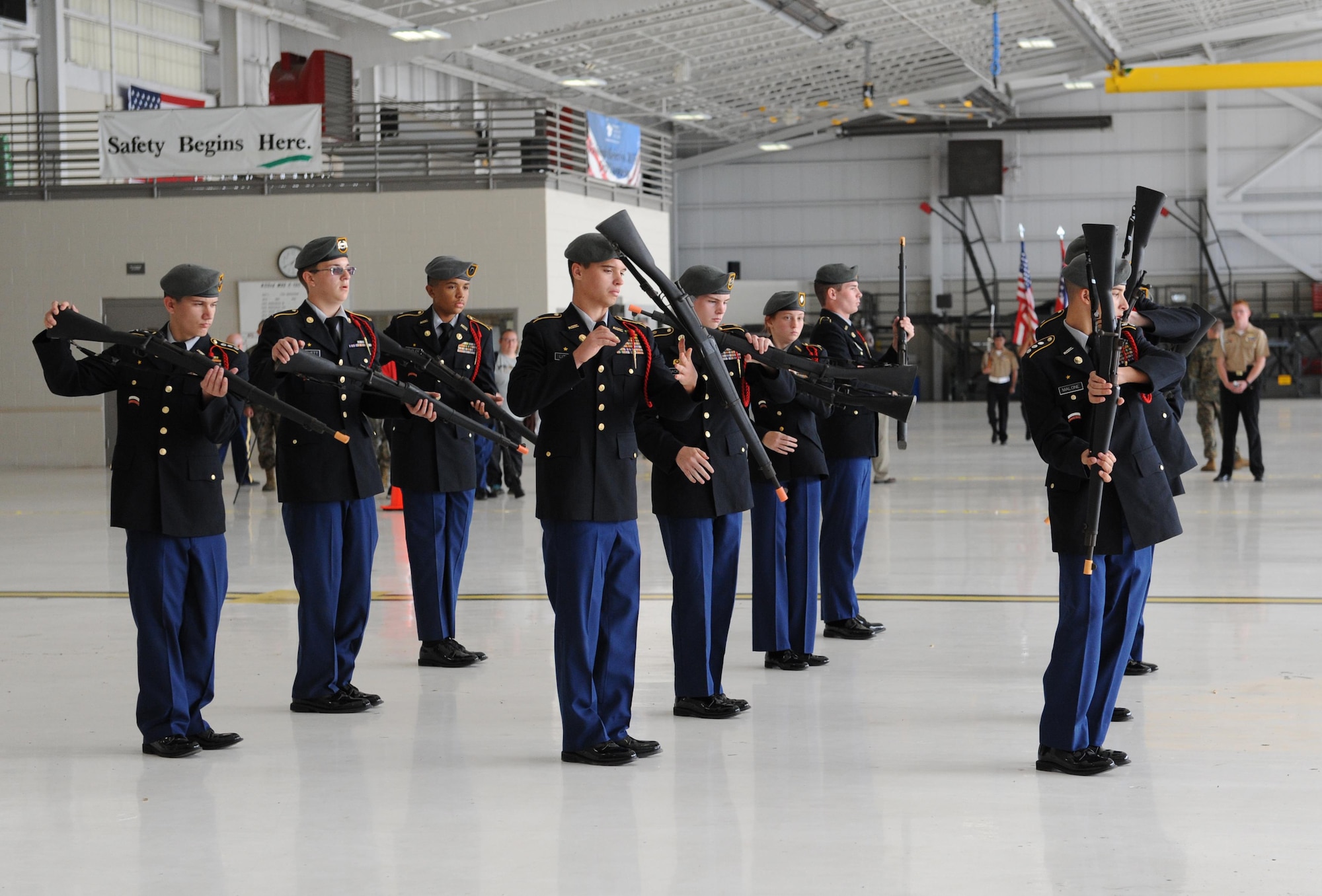 Army Junior ROTC cadets from Brandon High School, Brandon, Miss., perform a routine in the armed exhibition during the second annual Mississippi All-Services Junior ROTC Drill Competition Nov. 14, 2015, at Keesler Air Force Base, Miss. Seventeen Junior ROTC teams from all military branches were represented at the event. Approximately 800 Junior ROTC cadets and spectators were in attendance where cadets battled for the best all-services Junior ROTC team in Mississippi. (U.S. Air Force photo by Kemberly Groue)