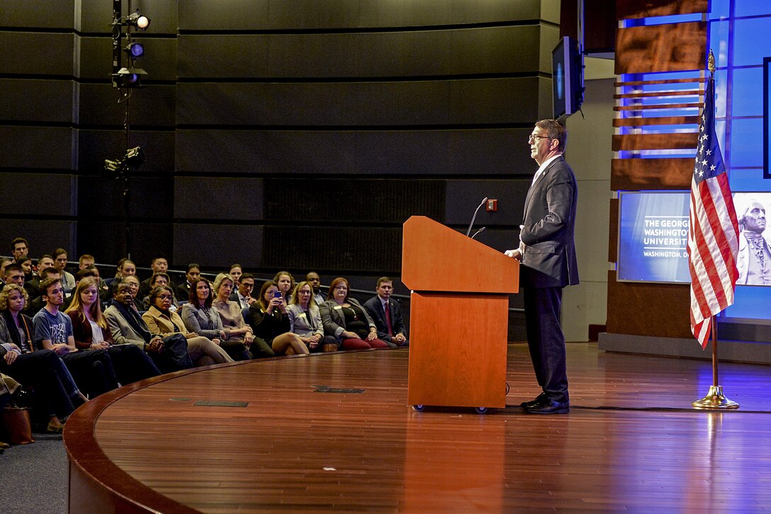 Defense Secretary Ash Carter announces the first phase of personnel reforms in his Force of the Future initiative during a speech at George Washington University in Washington, D.C., Nov. 18, 2015. DoD photo by Army Sgt. 1st Class Clydell Kinchen