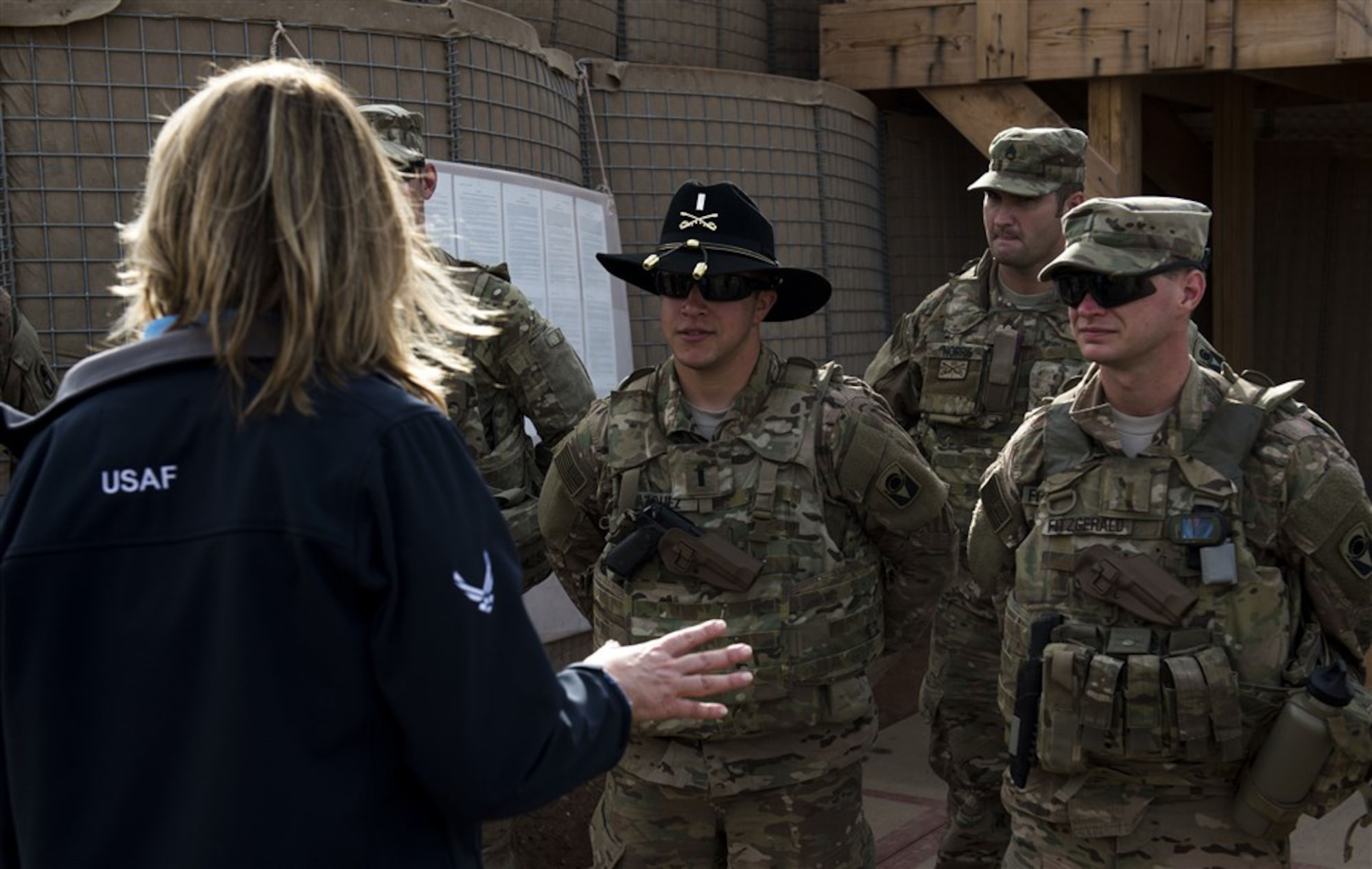 Secretary of the Air Force Deborah Lee James speaks with Soldiers assigned to Chebelley Airfield, Djibouiti, Nov. 12, 2015. James visited members of the Air Force, Army and Navy to discuss their unique assignments and learn about the impact they have on operations around the globe. (U.S. Air Force photo/Senior Airman Peter Thompson)