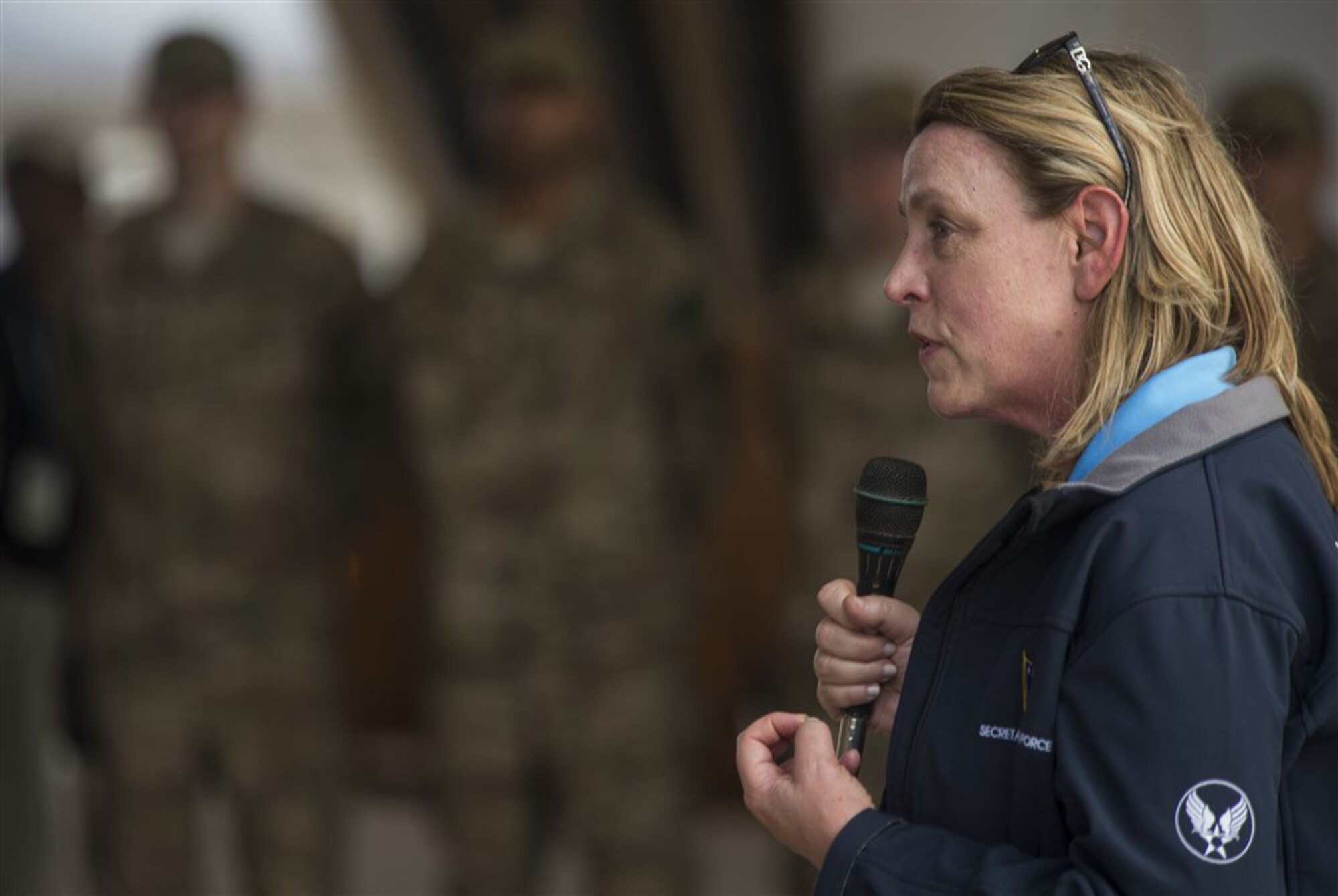 Secretary of the Air Force Deborah Lee James speaks to a group of Airmen at Chebelley Airfield, Djibouti, Nov. 12, 2015. During her visit, James spoke at an all call where she answered Airmen's questions and provided updates about current issues around the Air Force. (U.S. Air Force photo/Senior Airman Peter Thompson)