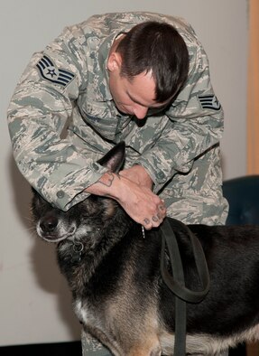 Staff Sgt. Scott Hunt, a 71st Security Forces Squadron military working dog handler, pins an Air Force Achievement Medal onto military working dog Maxik during the pup’s retirement ceremony Nov. 10 in the Base Auditorium. Maxik served seven years of distinguished service in the U.S. Air Force with two deployments. (U.S. Air Force photo / Staff Sgt. Nancy Falcon)