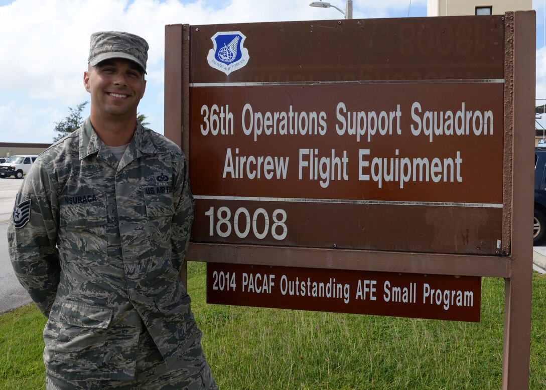 Tech. Sgt. Brian Misuraca, 36th Wing Advanced Programs Office security manager, poses for a photo Nov. 17, 2015, at Andersen Air Force Base, Guam. Misuraca was recently recognized as a winner of the 40 Under 40 military class of 2015, an annual award that honors 40 military members including Veterans who are under 40 years of age and meet the specific criteria for nomination and selection. (U.S. Air Force photo by Senior Airman Cierra Presentado/Released)