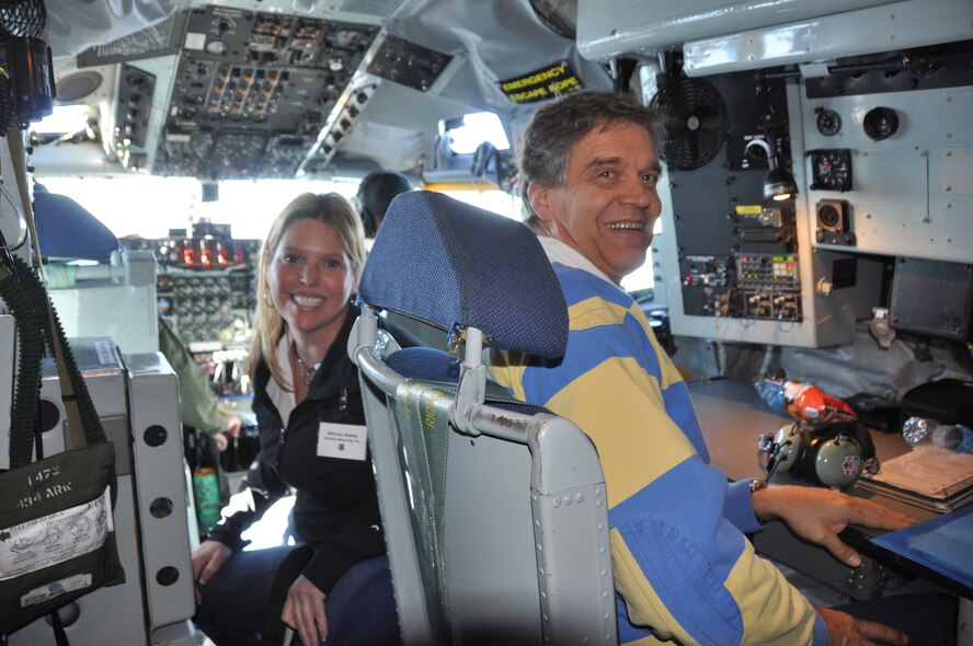 As part of an Employer Support for the Guard and Reserve Bosslift, Whitney Shelly (left) and Phil Rykhoek (right) enjoy their front seat view in the cockpit during the KC-135’s flight back to the 301st Fighter Wing at Naval Air Station Fort Worth Joint Reserve Base, Texas. Twenty local civic leaders and employers took part in a two-day adventure to Tyndall AFB, Fla., in conjunction with ESGR’s support, and visited the 44th Fighter Group, 325 Fighter Wing and 601st Air Operations Center there. (U.S. Air Force photo/Julie Briden-Garcia)