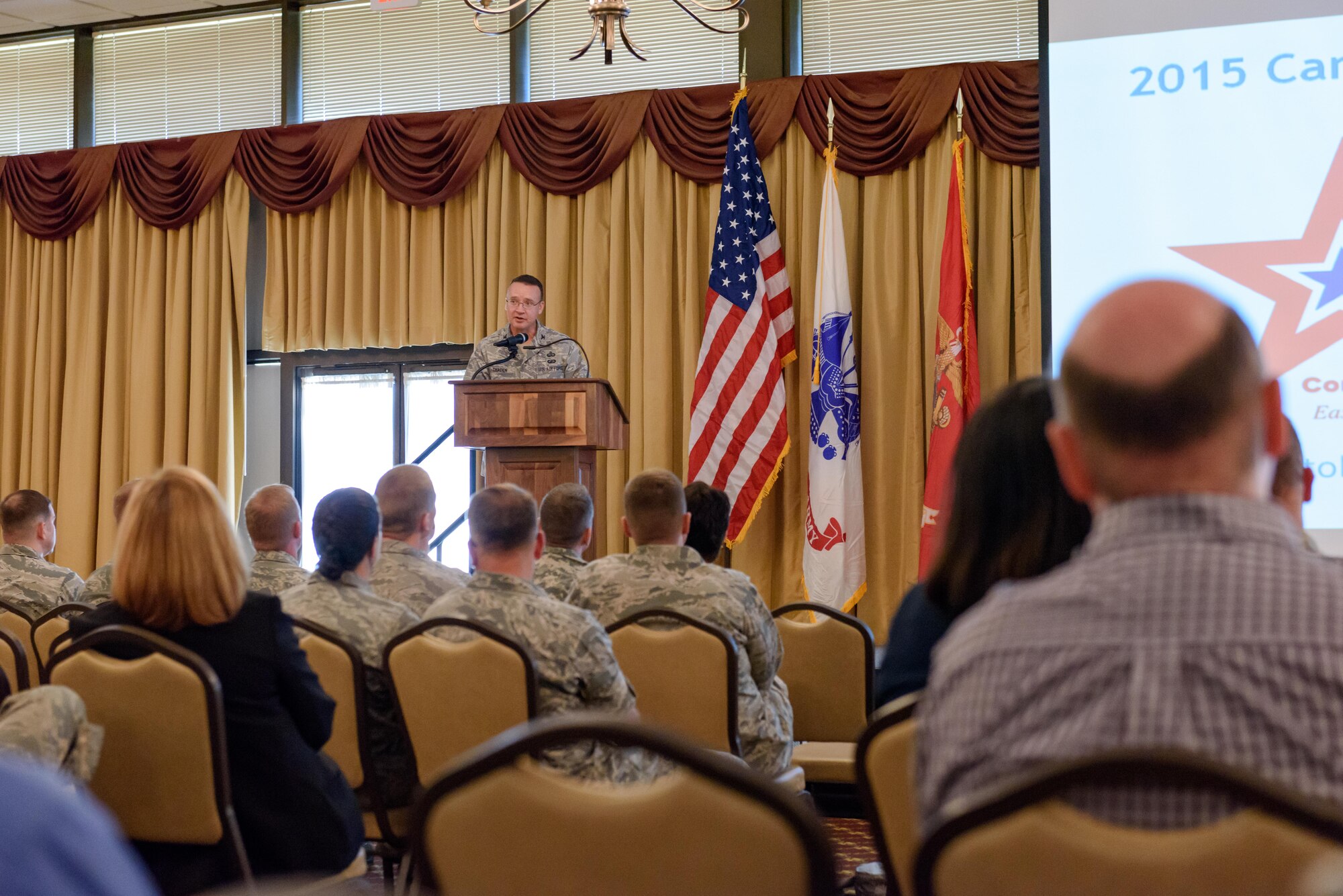 Col. Frederick D. Thaden, the commander of the 87th Air Base Wing, gives opening remarks at the Combined Federal Campaign Awareness event Nov. 16, 2015 at Joint Base McGuire-Dix-Lakehurst, N.J.  The CFC is an annual fundraising effort that solicits donations from Federal Employees and supports thousands of charities.  This year's campaign runs from Oct. 22 until Dec. 11.   (U.S. Air Force photo by Robert Williard/Released)