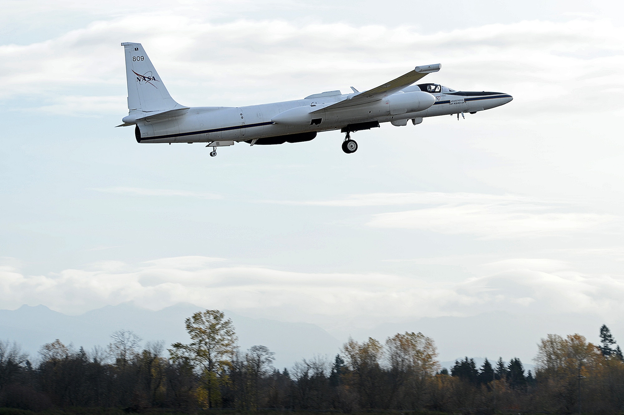 A NASA Lockheed ER-2 aircraft takes off from McChord Field flight line Nov. 18, 2015, Joint Base Lewis-McChord, Wash. NASA's ER-2 set a world-altitude record for the class of aircraft with a takeoff weight between 26,455 and 35,275 lb on Nov. 19, 1998, when the aircraft reached 68,700 feet. (U.S. Air Force photo/Senior Airman Divine Cox)