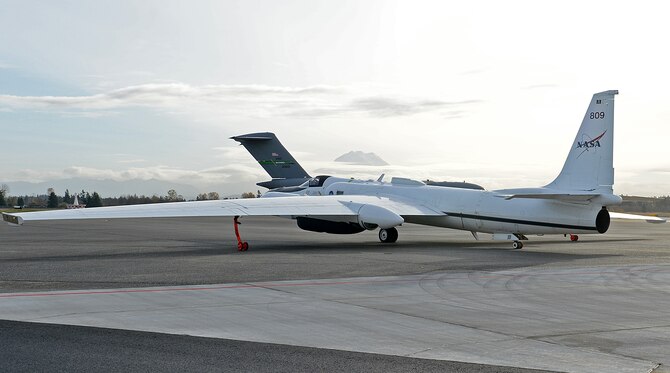 A NASA Lockheed ER-2 aircraft taxi’s down the McChord runway Nov. 18, 2015, from Joint Base Lewis-McChord, Wash. NASA is at McChord Field to complete studies of the local weather, flying in extreme conditions to gather data. (U.S. Air Force photo/Senior Airman Divine Cox)