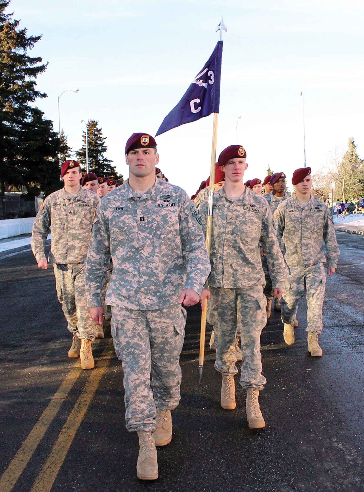 Soldiers with C Company, 3rd Battalion (Airborne), 509th Parachute Infantry Regiment, 4th Brigade Combat Team (Airborne), 25th Infantry Division march down 10th Ave in Anchorage Nov. 7 during the city’s first Veterans Day Parade. (U.S. Army photo/Mary M. Rall)