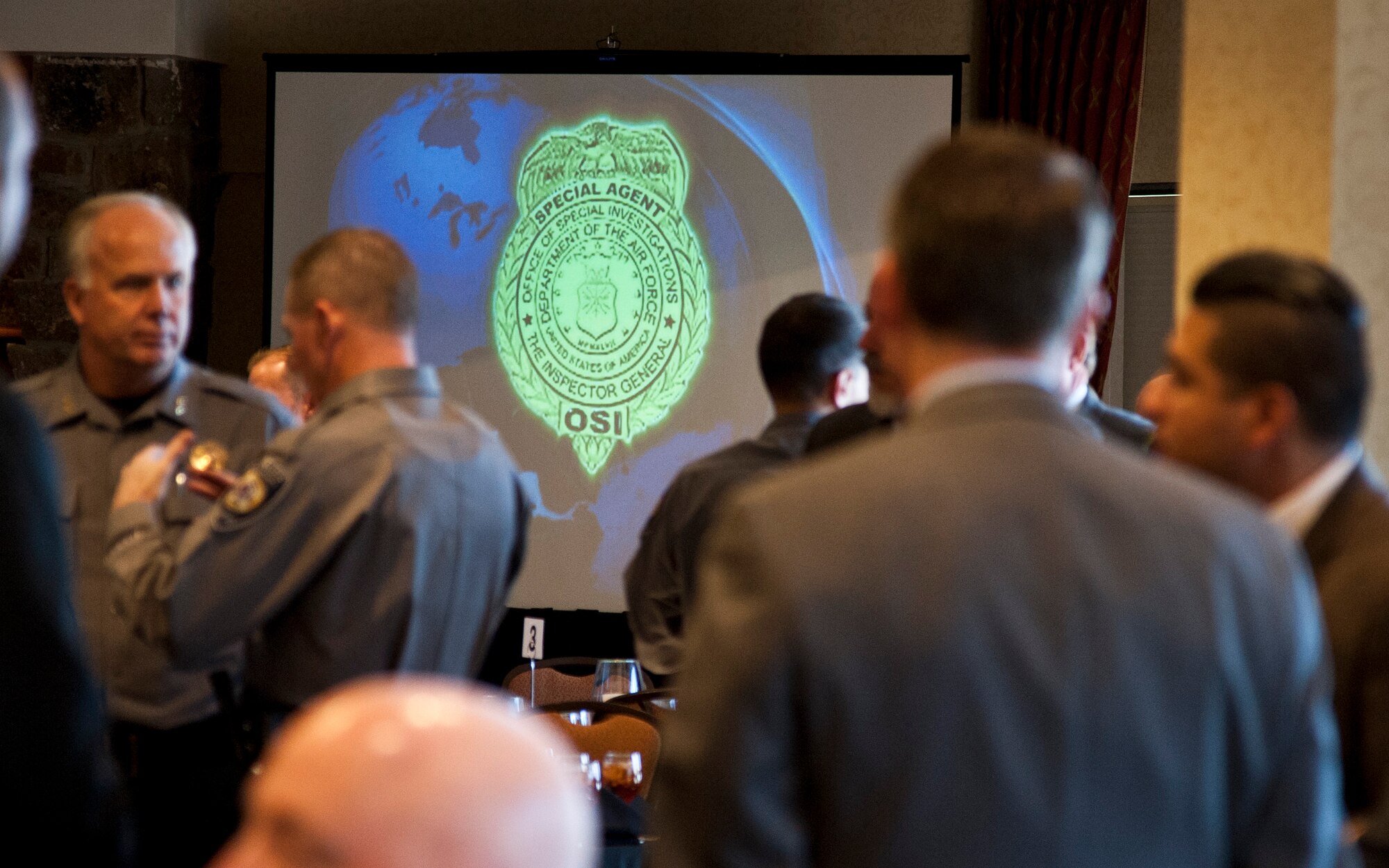 COLORADO SPRINGS, Colo. – Air Force Office of Special Investigations 8th Field Investigations Squadron and Detachment 808 host the annual AFOSI luncheon gathering local, state and federal law enforcement agencies, Nov. 13, 2015. The luncheon recognizes joint efforts and strengthens working relations and partnerships between community and military installations. (U.S. Air Force photo by Senior Airman Tiffany DeNault)