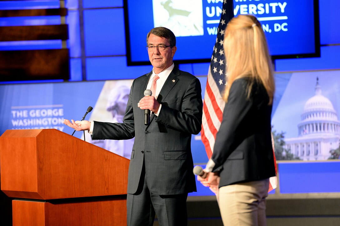 Defense Secretary Ash Carter answered questions from students after he spoke about the first phase of personnel reforms in his Force of the Future initiative at The George Washington University in Washington, D.C., Nov. 18, 2015. DoD photo by Army Sgt. 1st Class Clydell Kinchen