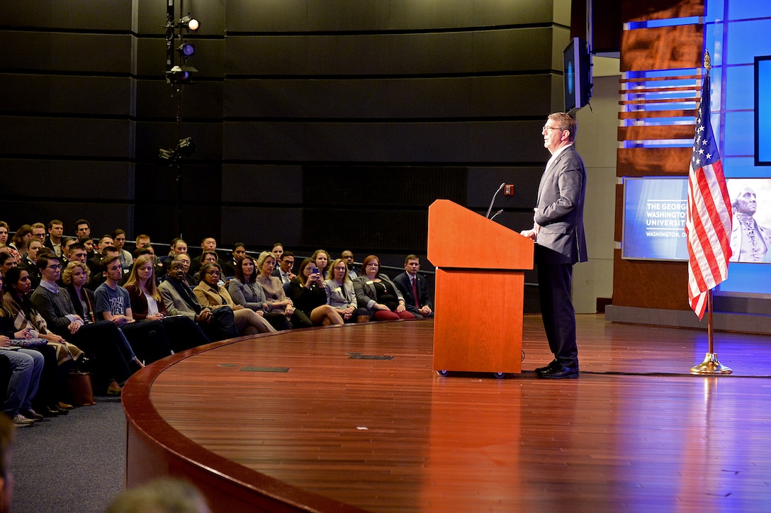 Defense Secretary Ash Carter announces the first phase of personnel reforms in his Force of the Future initiative during a speech at The George Washington University in Washington, D.C., Nov. 18, 2015. DoD photo by Army Sgt. 1st Class Clydell Kinchen