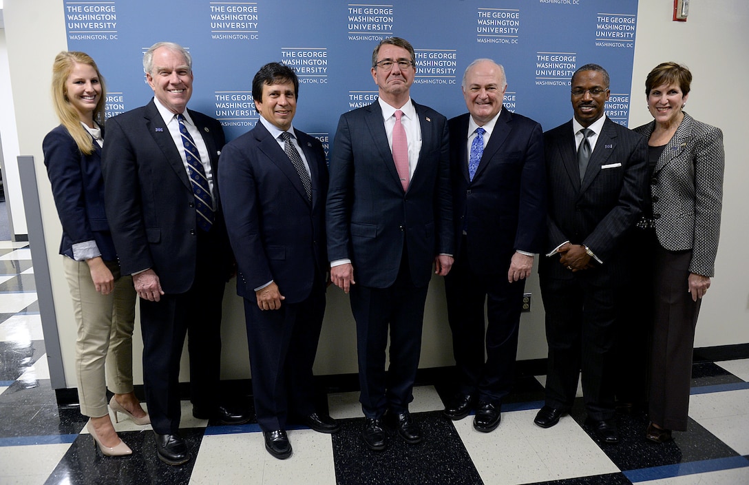 Defense Secretary Ash Carter, center, poses with The George Washington University staff before announcing the first phase of personnel reforms in his Force of the Future initiative at The George Washington University in Washington, D.C., Nov, 18, 2015. DoD photo by Army Sgt. 1st Class Clydell Kinchen