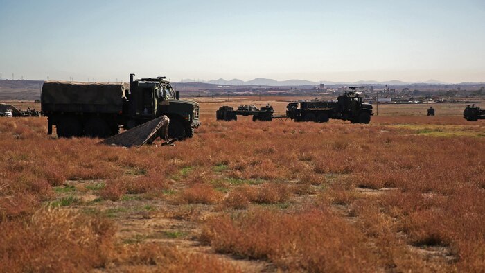 Marines assigned to Battery Q, 5th Battalion, 11th Marine Regiment, 1st Marine Division provide security  during the 5/11 Command Post Exercise aboard Marine Corps Base Camp Pendleton, Calif., Nov. 18, 2015. The CPX provided an opportunity for the Marines to refresh their skillsets in preparation for exercise Steel Knight 2016.