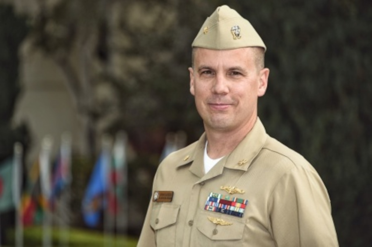 Through his studies in the Naval Postgraduate School’s Department of Operations Research, Navy Lt. Cmdr. Korban Blackburn is developing the Optimized Transit Tool Easy Reference, or OTTER, which has the potential to save the Navy millions in fuel costs. U.S. Navy photo by Javier Chagoya