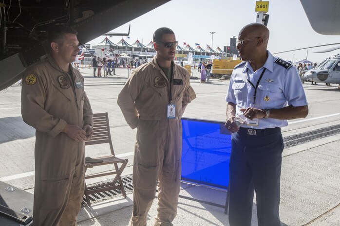 Lt. Gen. Charles Q. Brown Jr., Commander, U.S. Air Forces Central Command, Southwest Asia visits with Marines from the Red Dragons of Marine Medium Tiltrotor Squadron 268 during the 2015 Dubai Airshow, Dubai World Central, United Arab Emirates. The Marines showcased some of the unit's aviation capabilities to thousands of foreign military personnel and distinguished visitors at the air show from November 8 - 12. The unit is currently deployed as part of the Aviation Command Element of Special Purpose Marine Air-Ground Task Force Crisis Response Central Command 16.1.   