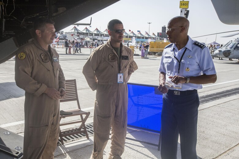 Lt. Gen. Charles Q. Brown Jr., Commander, U.S. Air Forces Central Command, Southwest Asia visits with Marines from the Red Dragons of Marine Medium Tiltrotor Squadron 268 during the 2015 Dubai Airshow, Dubai World Central, United Arab Emirates. The Marines showcased some of the unit's aviation capabilities to thousands of foreign military personnel and distinguished visitors at the air show from November 8 - 12. The unit is currently deployed as part of the Aviation Command Element of Special Purpose Marine Air-Ground Task Force Crisis Response Central Command 16.1.   