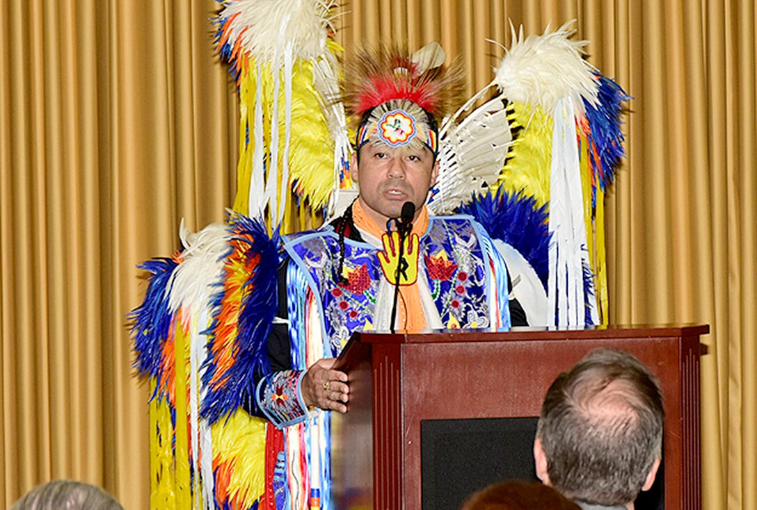 E. Keith Colston, administrative director for the Maryland Commission on Indian Affairs, describes the Native American culture during a Native American Heritage Month Observance at the McNamara Headquarters Complex Nov. 18. 
 