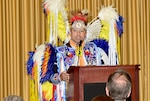 E. Keith Colston, administrative director for the Maryland Commission on Indian Affairs, describes the Native American culture during a Native American Heritage Month Observance at the McNamara Headquarters Complex Nov. 18. 
 