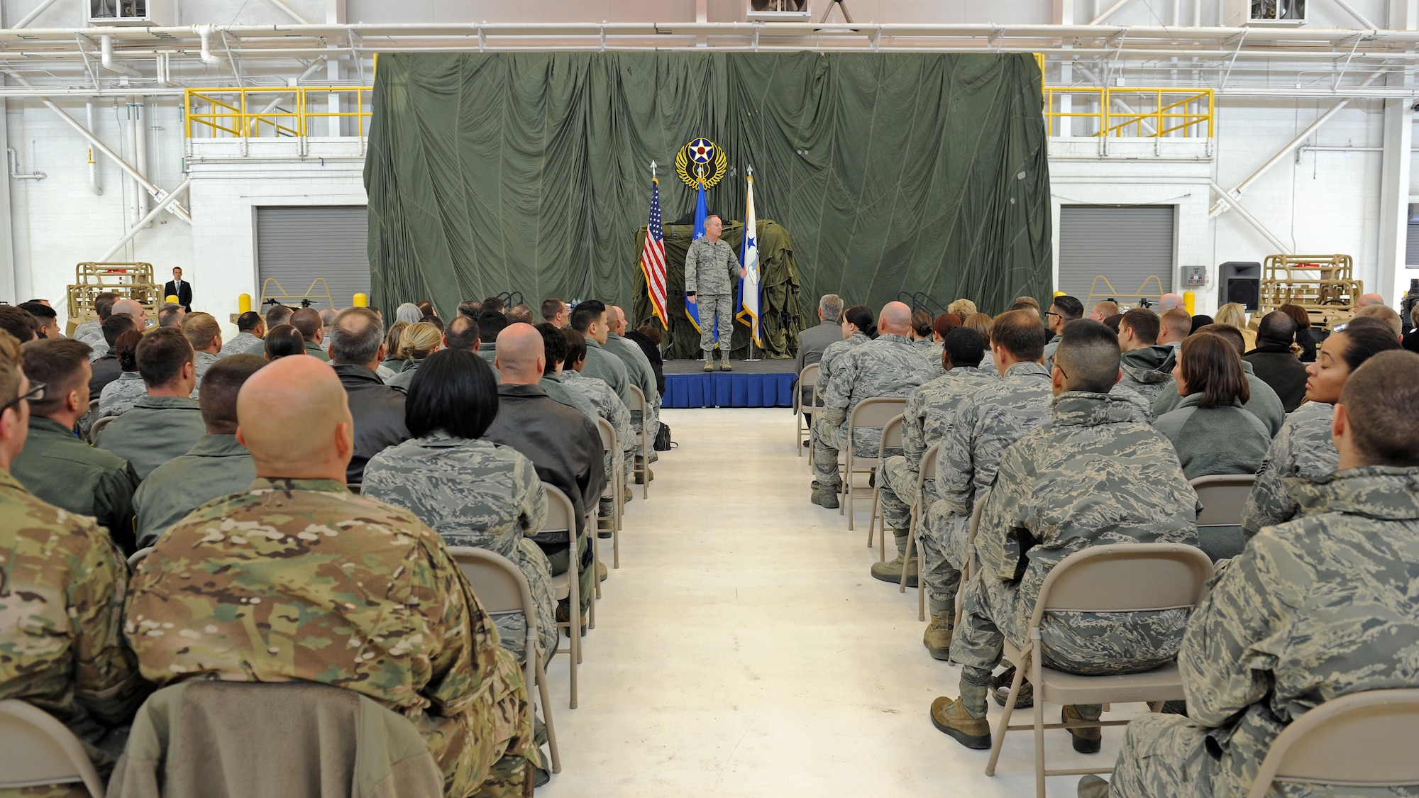 Chief of Staff of the Air Force Gen. Mark A. Welsh III addresses Air Commandos and local leadership during an all-call Nov. 17, 2015 at Cannon Air Force Base, N.M. Welsh spoke about the value of communication, common sense and caring for one another, and fielded questions pertaining to foreign policy and the future of the Remotely Piloted Aircraft community to name a few. (U.S. Air Force photo/Staff Sgt. Whitney Amstutz)