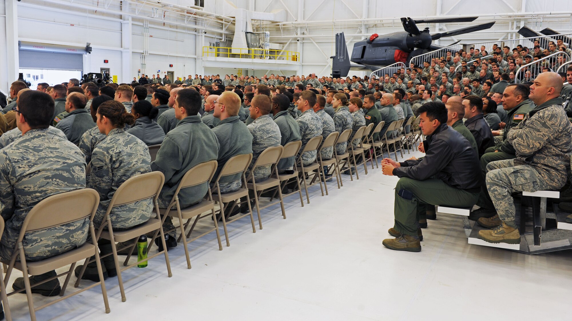 Air Commandos listen intently as Chief of Staff of the Air Force, Gen. Mark A. Welsh III speaks during an all-call Nov. 17, 2015 at Cannon Air Force Base, N.M. Approximately 1,200 Air Commandos attended, taking advantage of the opportunity to have their questions answered by one of the force’s most influential leaders. (U.S. Air Force photo/Staff Sgt. Whitney Amstutz)
