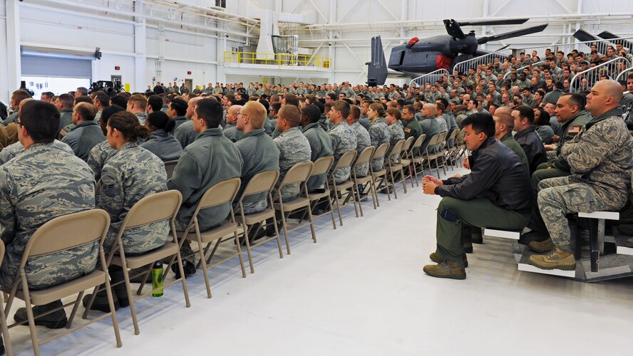 Air Commandos listen intently as Chief of Staff of the Air Force, Gen. Mark A. Welsh III speaks during an all-call Nov. 17, 2015 at Cannon Air Force Base, N.M. Approximately 1,200 Air Commandos attended, taking advantage of the opportunity to have their questions answered by one of the force’s most influential leaders. (U.S. Air Force photo/Staff Sgt. Whitney Amstutz)