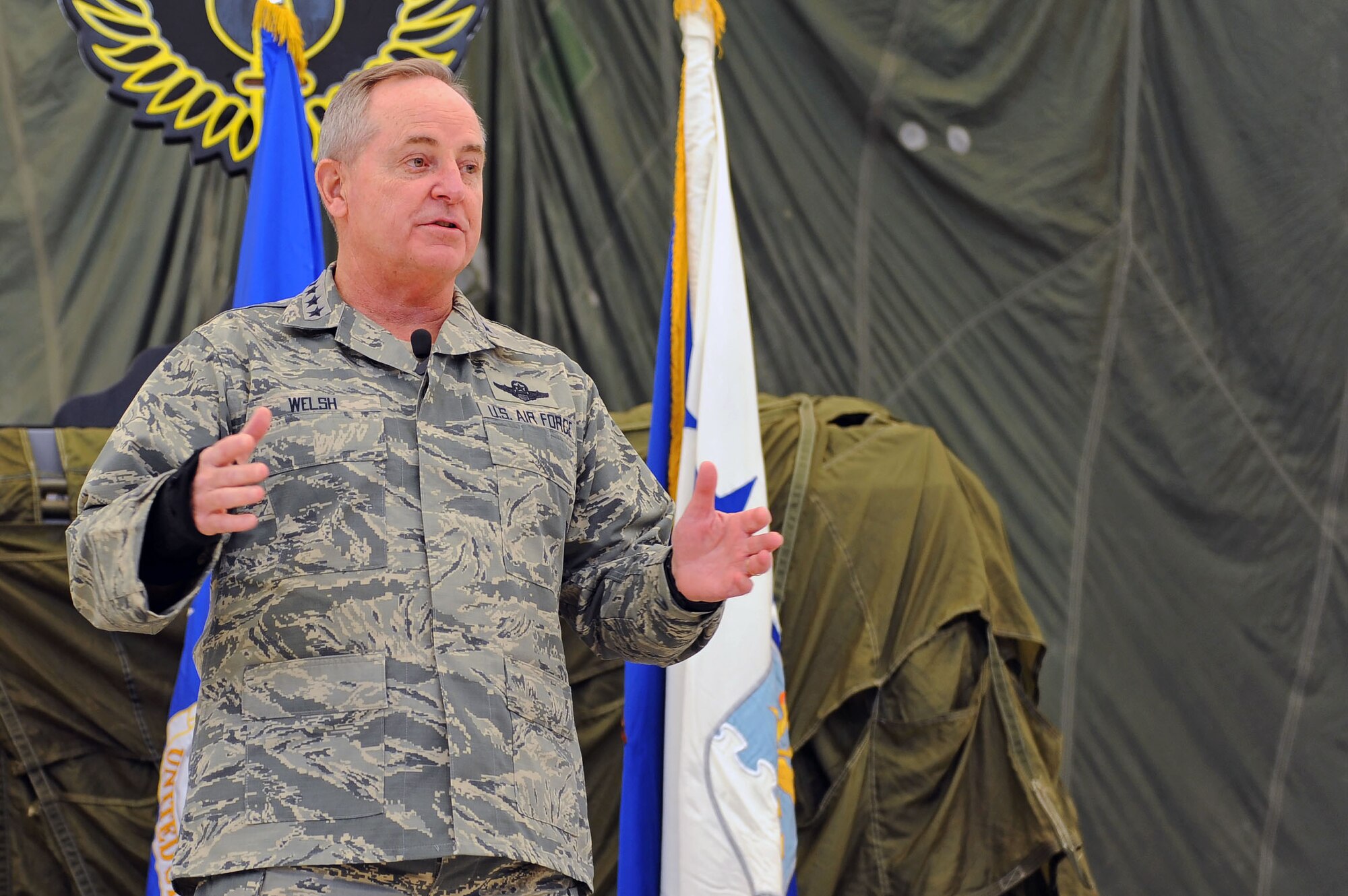 Chief of Staff of the Air Force, Gen. Mark A. Welsh III addresses Air Commandos and local leadership during an all-call Nov. 17, 2015 at Cannon Air Force Base, N.M. Welsh spoke about the value of communication, common sense and caring for one another, and fielded questions pertaining to foreign policy and the future of the Remotely Piloted Aircraft community to name a few. (U.S. Air Force photo/Staff Sgt. Whitney Amstutz)