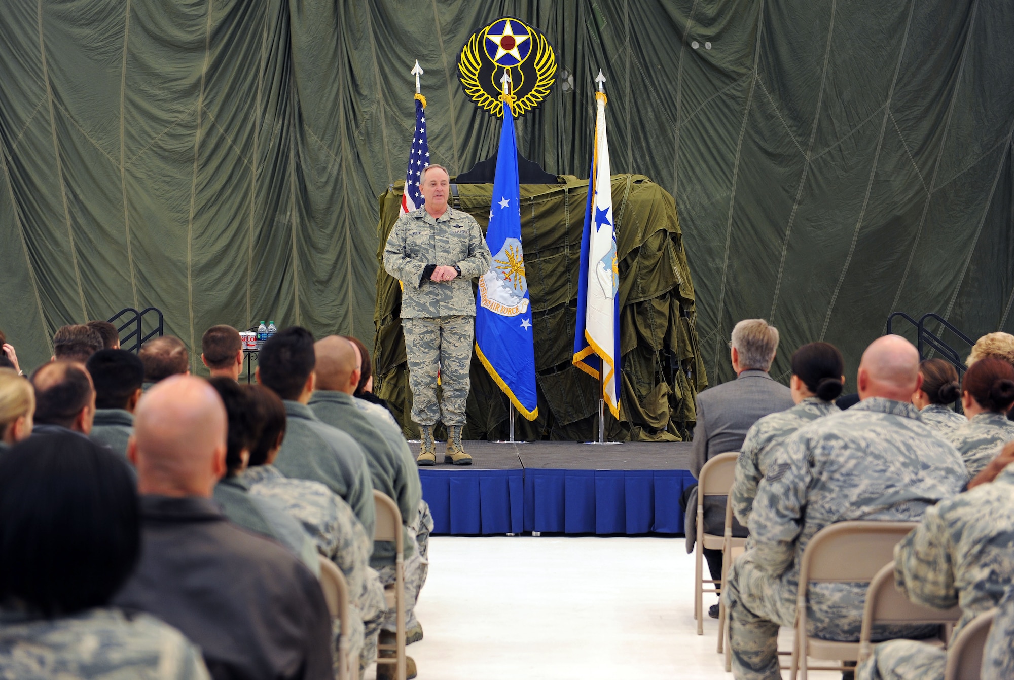 Chief of Staff of the Air Force, Gen. Mark A. Welsh III addresses Air Commandos and local leadership during an all-call Nov. 17, 2015 at Cannon Air Force Base, N.M. Welsh spoke about the value of communication, common sense and caring for one another, and fielded questions pertaining to foreign policy and the future of the Remotely Piloted Aircraft community to name a few. (U.S. Air Force photo/Staff Sgt. Whitney Amstutz)