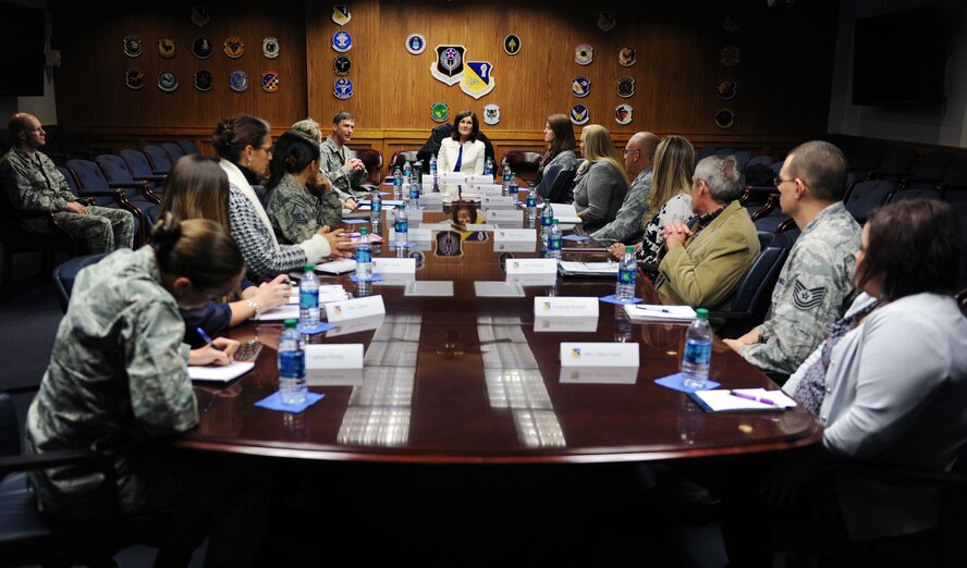Betty Welsh, wife of Chief of Staff of the Air Force, Gen. Mark A. Welsh III, meets with representatives from helping agencies throughout the 27th Special Operations Wing Nov. 17, 2015 at Cannon Air Force Base, N.M. During her visit, Mrs. Welsh engaged in quality of life discussions and addressed pressing Air Force issues such as resiliency and outreach. (U.S. Air Force photo/Staff Sgt. Whitney Amstutz)