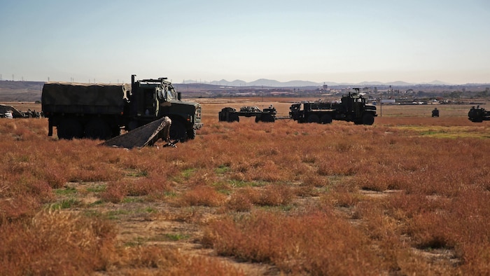 Marines assigned to Battery Q, 5th Battalion, 11th Marine Regiment, 1st Marine Division provide security  during the 5/11 Command Post Exercise aboard Marine Corps Base Camp Pendleton, Calif., Nov. 18, 2015. The CPX provided an opportunity for the Marines to refresh their skillsets in preparation for exercise Steel Knight 2016.