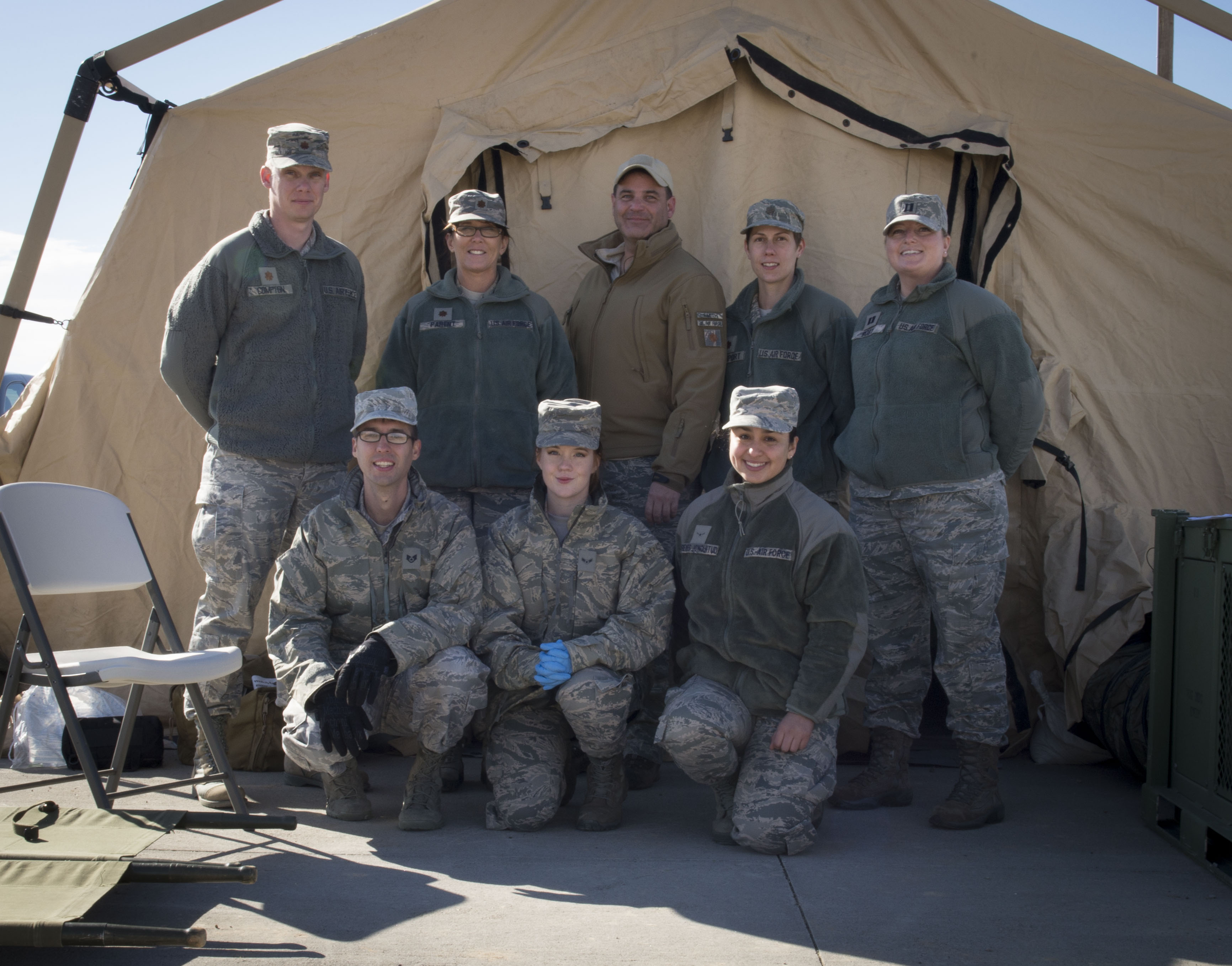 A surgical team poses for a group photo at Mountain Home Air Force Base