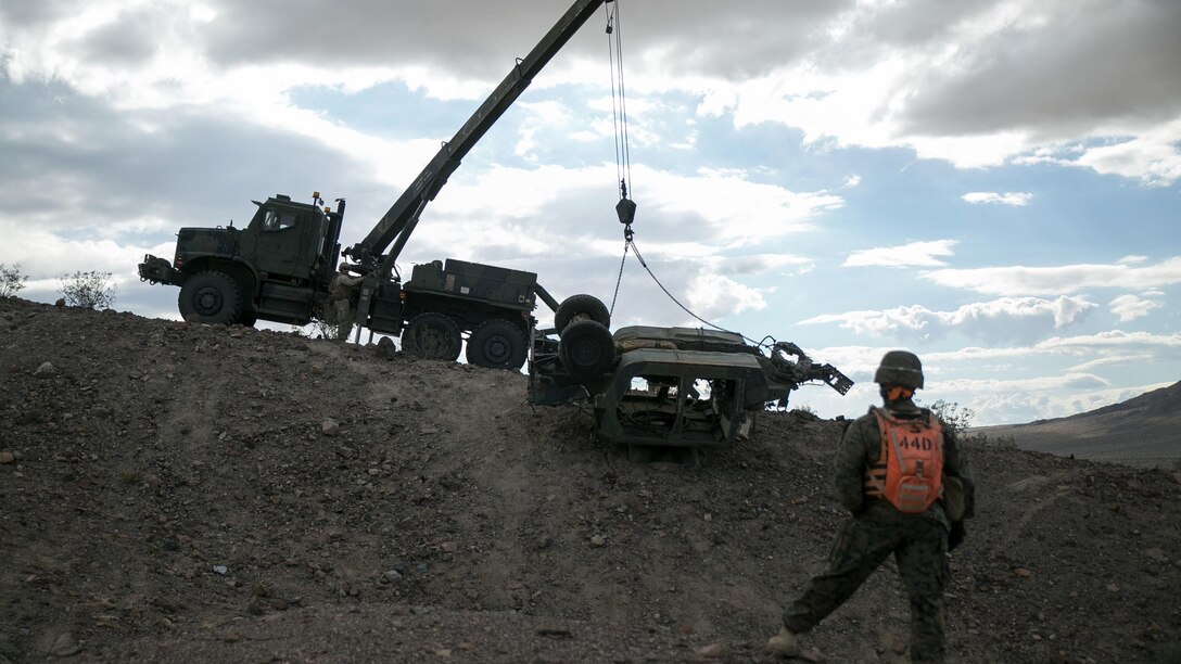 Marines with the Logistics Combat Element of the Marine Air-Ground Task Force practice vehicle recovery operations during Integrated Training Exercise 1-16 aboard Marine Corps Air Ground Combat Center, Twentynine Palms, Calif., Oct. 23-Nov. 15, 2015. The LCE allows the MAGTF to have self-sustaining and self-recovering capabilities.