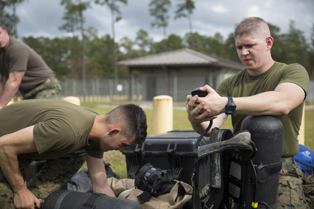 Sgt. Robert N. Potenziani (right), chemical, biological, radiological and nuclear defense chief with Detachment A, Marine Wing Support Squadron 472, 4th Marine Aircraft Wing, and Lance Cpl. Eric D. Gore (left), CBRN training NCO with Headquarters Battalion, Marine Forces Reserve, check their oxygen tanks before conducting CBRN training at Camp Shelby, Miss., Nov. 17, 2015. Marines from across MARFORRES conducted CBRN training scenarios as part of a week-long Advanced Consequence Management course, which MARFORRES holds quarterly. (U.S. Marine Corps photo by Cpl. Ian Leones/Released)