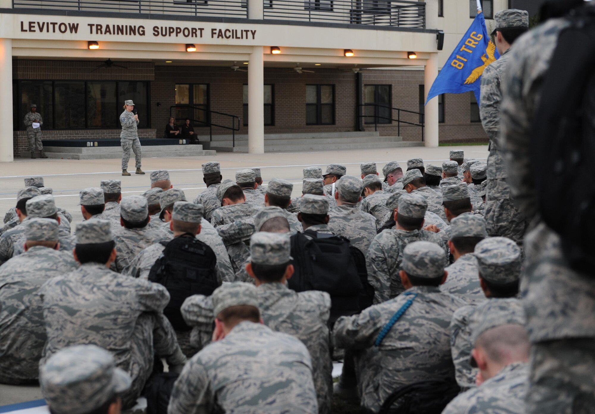 Master Sgt. Jana Conine, 81st Communications Squadron force development training and readiness NCO in charge, speaks to 81st Training Group Airmen about her personal wingman experience during the Storytellers event at the Levitow Training Support Facility Nov. 16, 2015, Keesler Air Force Base, Miss. The event was one of several held during Wingman Week to reinforce the Wingman concept and focus on unit cohesion and wellness. (U.S. Air Force photo by Kemberly Groue)