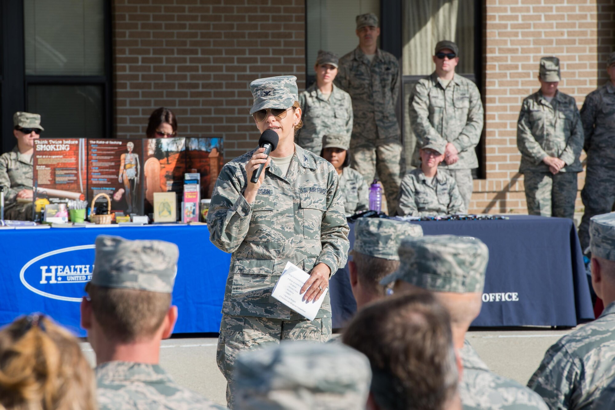 Col. Michele Edmondson, 81st Training Wing commander, speaks to attendees about her vision for resiliency development during a commander’s call at the Levitow Training Support Facility Nov. 16, 2015, Keesler Air Force Base, Miss. The all call marks the beginning events of Wingman Week and was hosted by Edmondson to reinforce the Wingman concept and focus on unit cohesion and wellness. (U.S. Air Force photo by Marie Floyd)