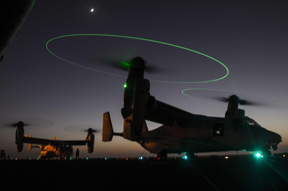 U.S. Marine Corps MV-22B Ospreys conduct flight operations aboard the USS Kearsarge in the Arabian Sea, Nov. 16, 2015. The Ospreys are assigned to Marine Medium Tiltrotor Squadron 162. U.S Marine Corps photo by Cpl. Jalen D. Phillips