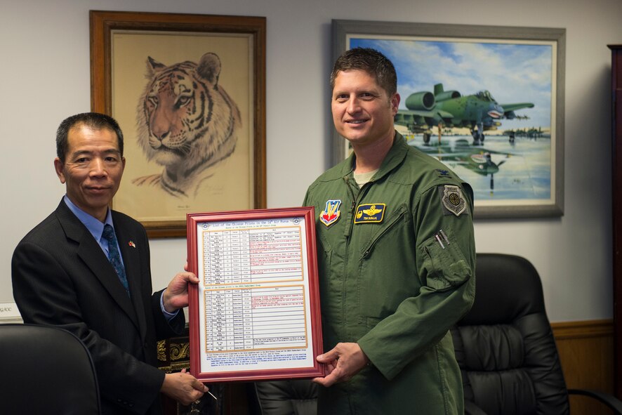 Republic of China air force Lt. Gen. Liu Shou-Jen and U.S. Air Force Col. Timothy Sumja, 23d Fighter Group commander, pose with a roster of Chinese pilots in the 14th Air Force Nov. 18, 2015, at Moody Air Force Base, Ga. These pilots were a part of the 23d Pursuit Group, now the 23d FG, which was pivotal in defending China against Japanese enemy forces in World War II. (U.S. Air Force photo by Airman 1st Class Greg Nash/Released)