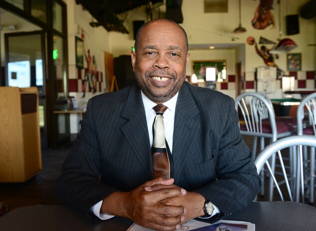 Clarence Benjamin Jr., the Northern California Combined Federal Campaign director, poses for a photo at the Coyote Grill and Pub on Beale Air Force Base, California, Nov. 13, 2015. Benjamin visited Beale to promote the Combined Federal Campaign which is now underway and will finish on Dec. 15, 2015. (U.S. Air Force photo by Senior Airman Bobby Cummings)