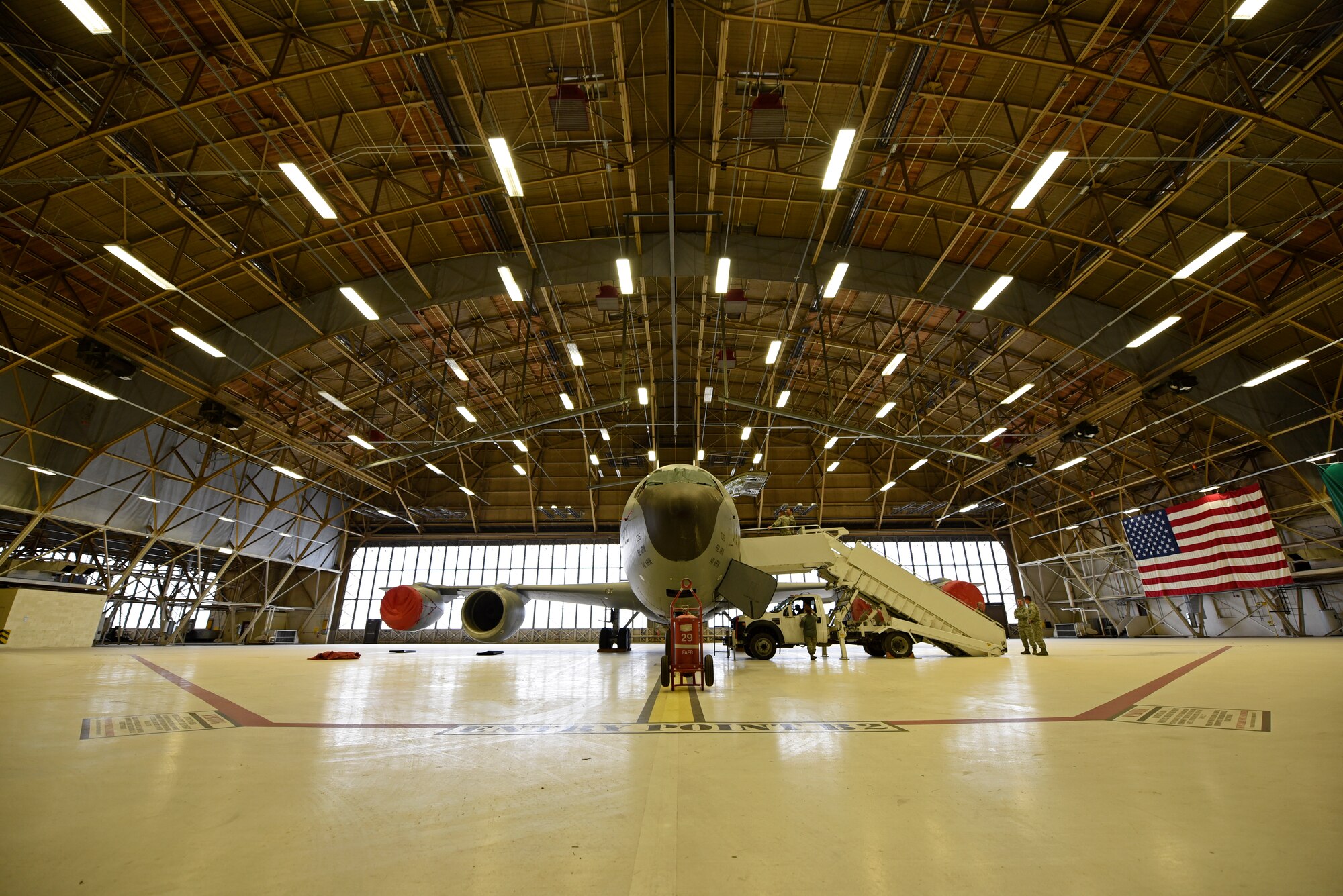 Personnel with the 92nd Comptroller Squadron visited the base’s maintenance hangar complex Nov. 19, 2015, at Fairchild Air Force Base, Wash. During the visit, Lt. Col. James Dorn, 92nd Aircraft Maintenance Squadron commander, gave the 92nd CPTS a tour and talked about the air refueling mission as well as the ins-and-outs of the KC-135 Stratotanker. (U.S. Air Force photo/Airman 1st Class Mackenzie Richardson)