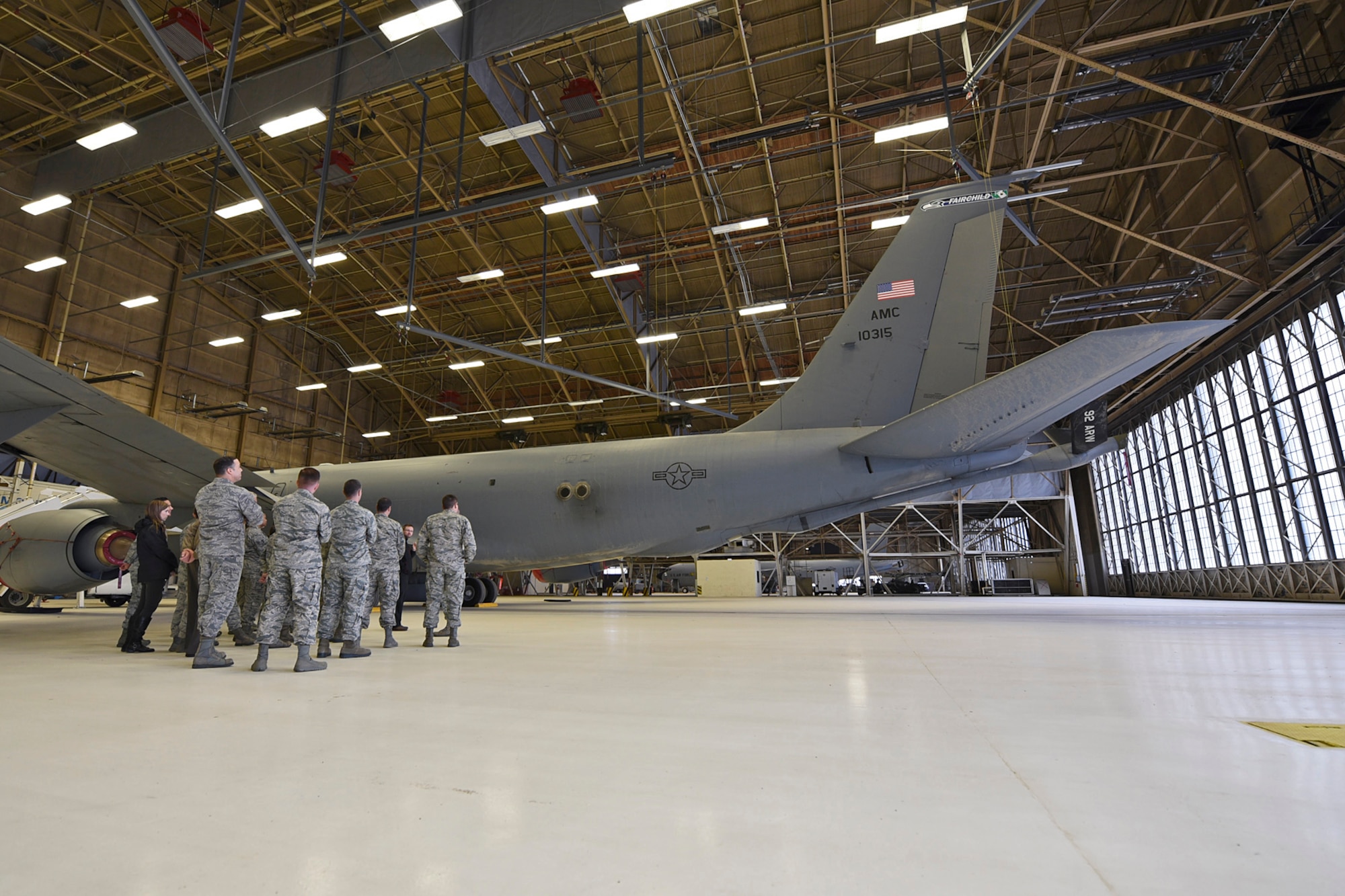 Personnel with the 92nd Comptroller Squadron visited the base’s maintenance hangar complex for a tour Nov. 19, 2015, at Fairchild Air Force Base, Wash. The tour of the KC-135 Stratotanker was conducted by Lt. Col. James Dorn, 92nd Aircraft Maintenance Squadron commander. The KC-135 provides the core aerial refueling capability for the Air Force and has excelled in this role for more than 50 years.  (U.S. Air Force photo/Airman 1st Class Mackenzie Richardson)