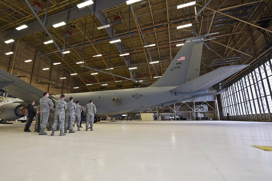 Personnel with the 92nd Comptroller Squadron visited the base’s maintenance hangar complex for a tour Nov. 19, 2015, at Fairchild Air Force Base, Wash. The tour of the KC-135 Stratotanker was conducted by Lt. Col. James Dorn, 92nd Aircraft Maintenance Squadron commander. The KC-135 provides the core aerial refueling capability for the Air Force and has excelled in this role for more than 50 years.  (U.S. Air Force photo/Airman 1st Class Mackenzie Richardson)