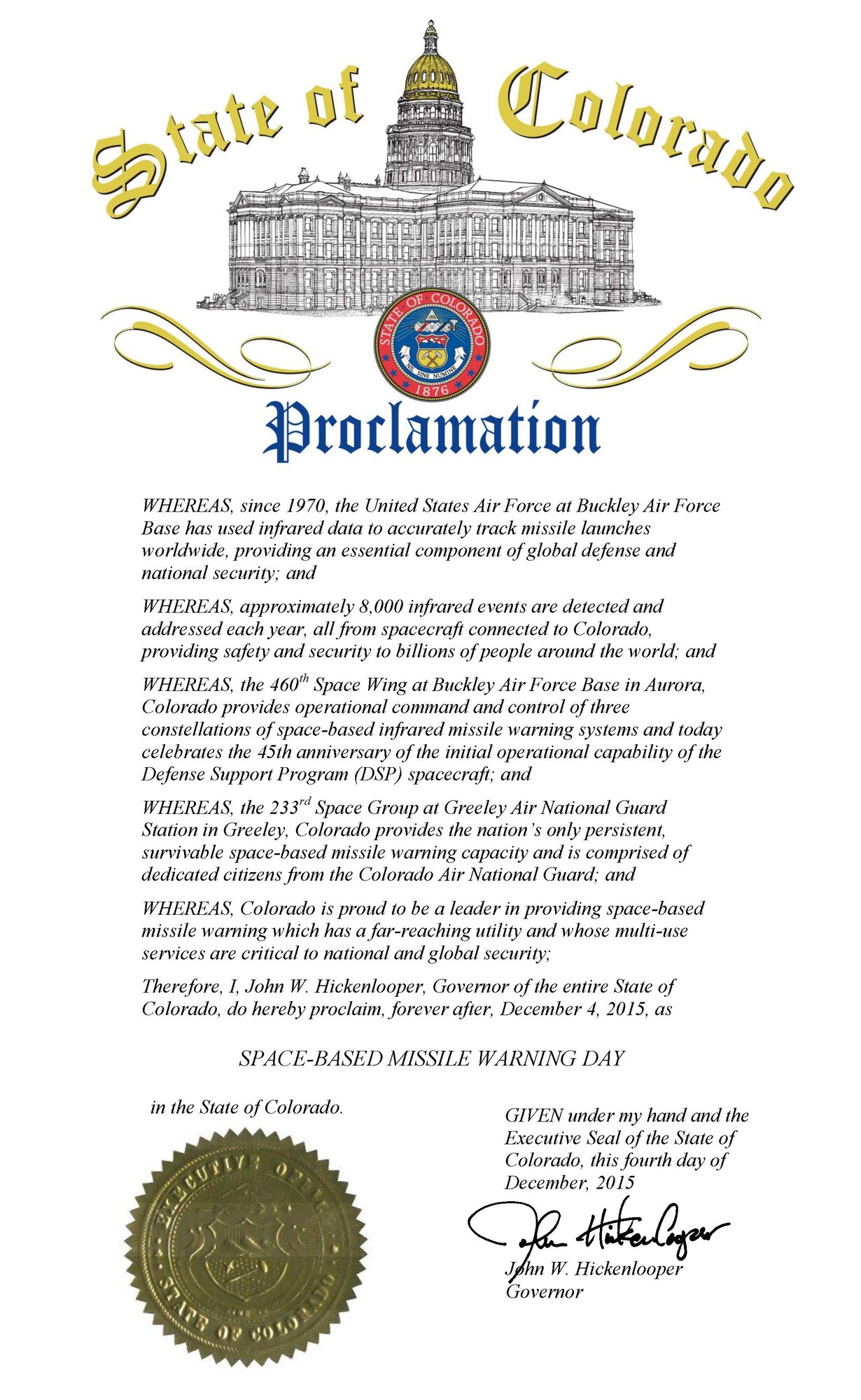 Space-Based Missile Warning Day Proclamation