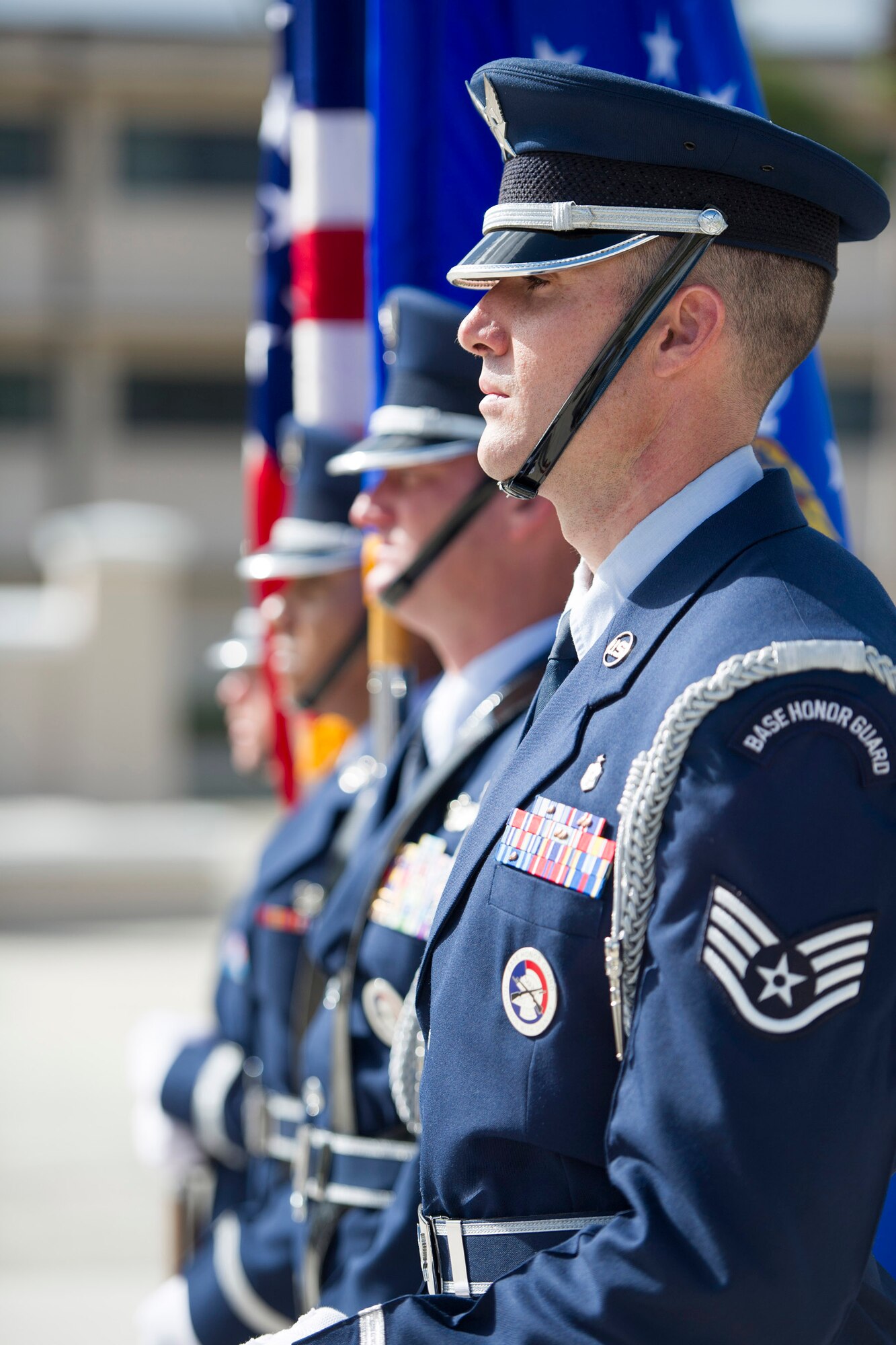 Patrick Air Force Base Honor Guard members carry the colors during a military funeral honors demonstration Nov. 17, 2015, at the Memorial Plaza on Patrick AFB, Florida. The honor guard consists of members of the 45th Space Wing, Air Force Technical Applications Center, the 920th Rescue Wing, and the 114th Space Control Squadron. (U.S. Air Force photo by Matthew Jurgens/Released)