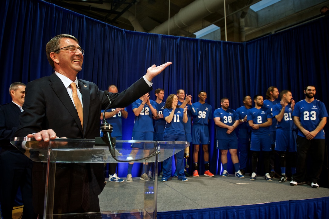 Defense Secretary Ash Carter makes remarks at the Warrior Care Month Sitting Volleyball Tournament at the Pentagon, Nov. 19, 2015. DoD photo by Casper Manlangit