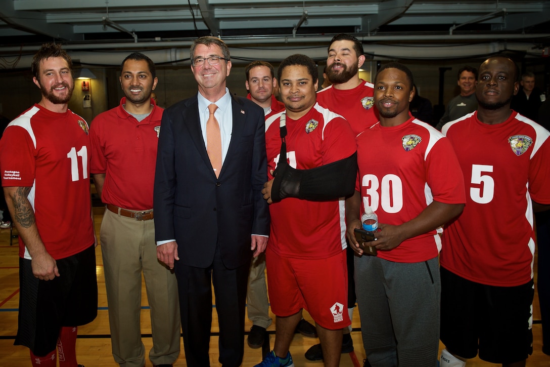 Defense Secretary Ash Carter attends the Warrior Care Month Sitting Volleyball Tournament at the Pentagon, Nov. 19, 2015. DoD photo by Casper Manlangit