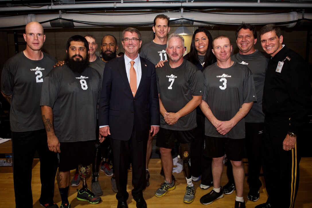 Defense Secretary Ash Carter attends the Warrior Care Month Sitting Volleyball Tournament at the Pentagon, Nov. 19, 2015. DoD photo by Casper Manlangit