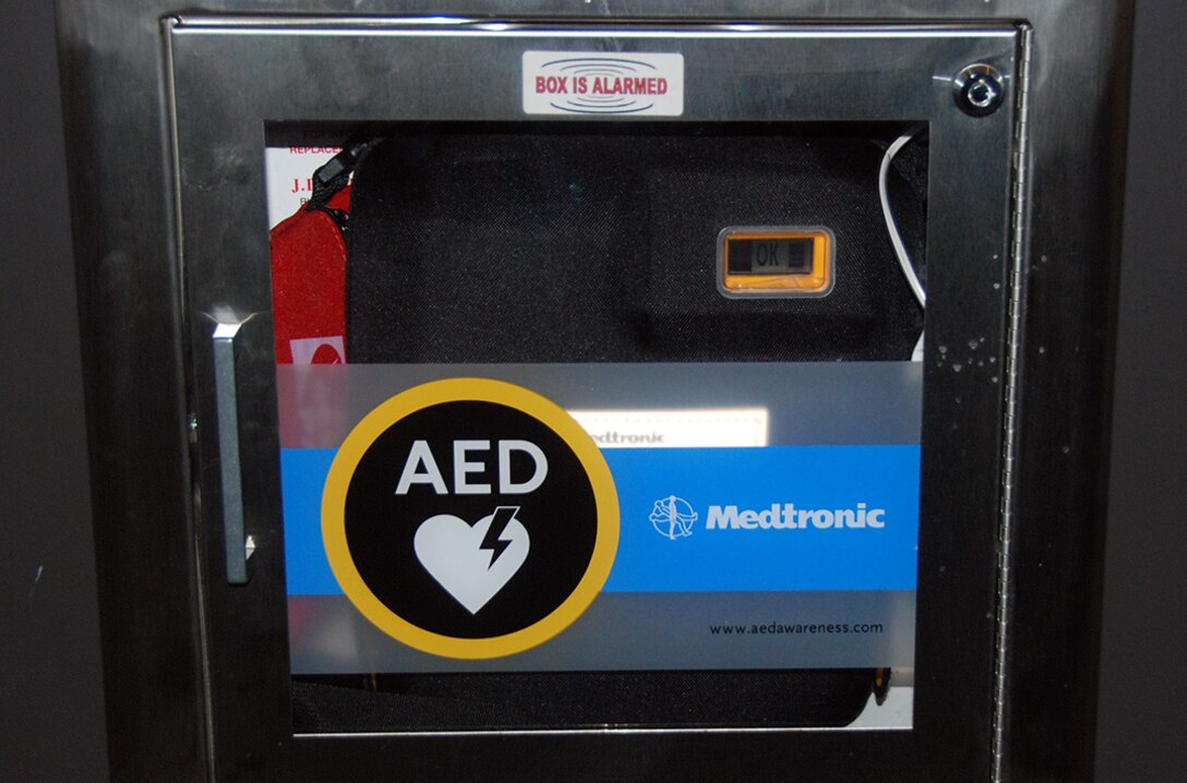 Automated external defibrillators like this one can be found in cases around the McNamara Headquarters Complex building.